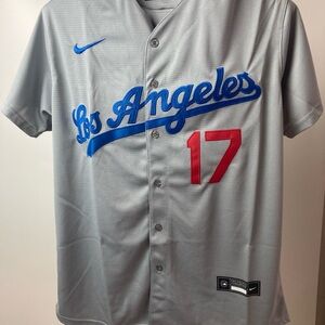 Nike Grey Los Angeles Baseball Jersey with Blue Script & Red 17